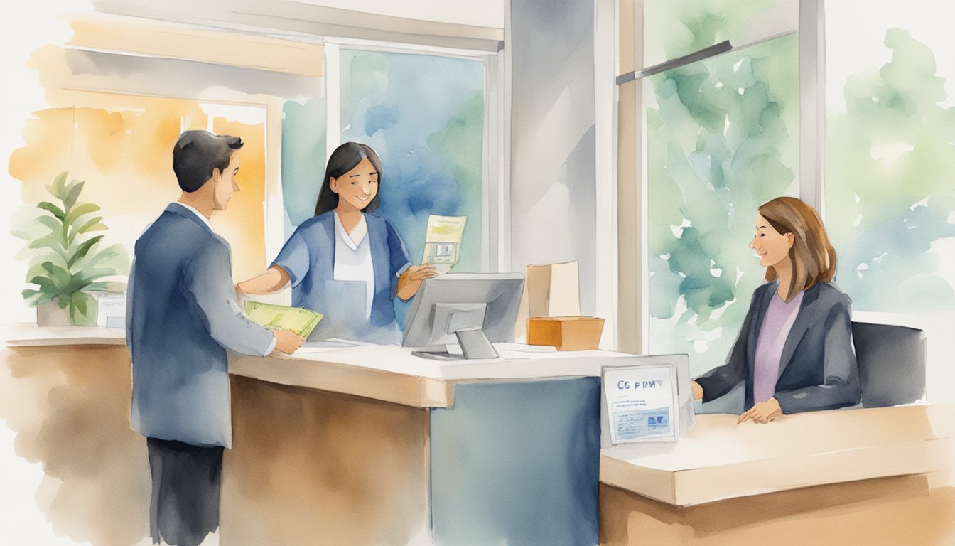 A person handing over money to a receptionist at a doctor's office, with a sign displaying "Co-pay" in the background