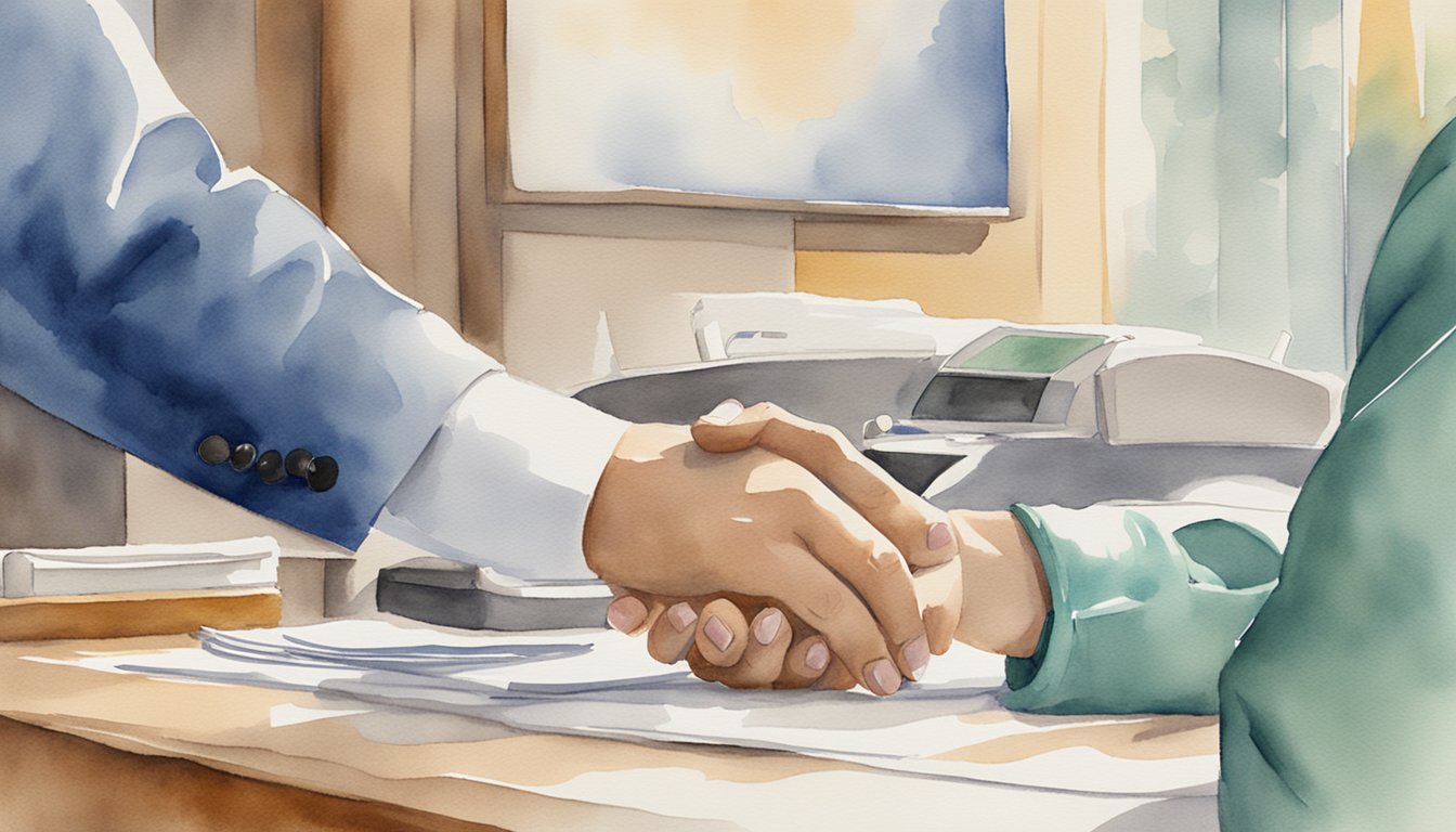 A patient hands over a co-pay at a doctor's office reception desk