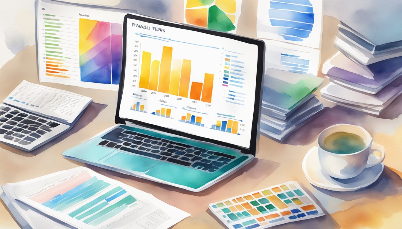 A stack of financial reports, a laptop displaying stock data, and a chart showing dividend yields