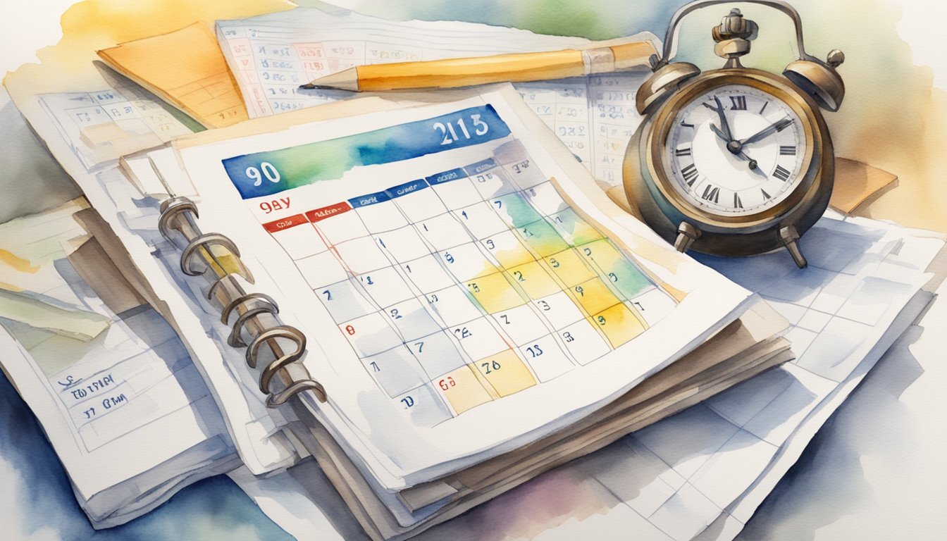 A calendar with a highlighted 90-day period, a clock showing the passing of time, and a stack of paperwork representing insurance claims