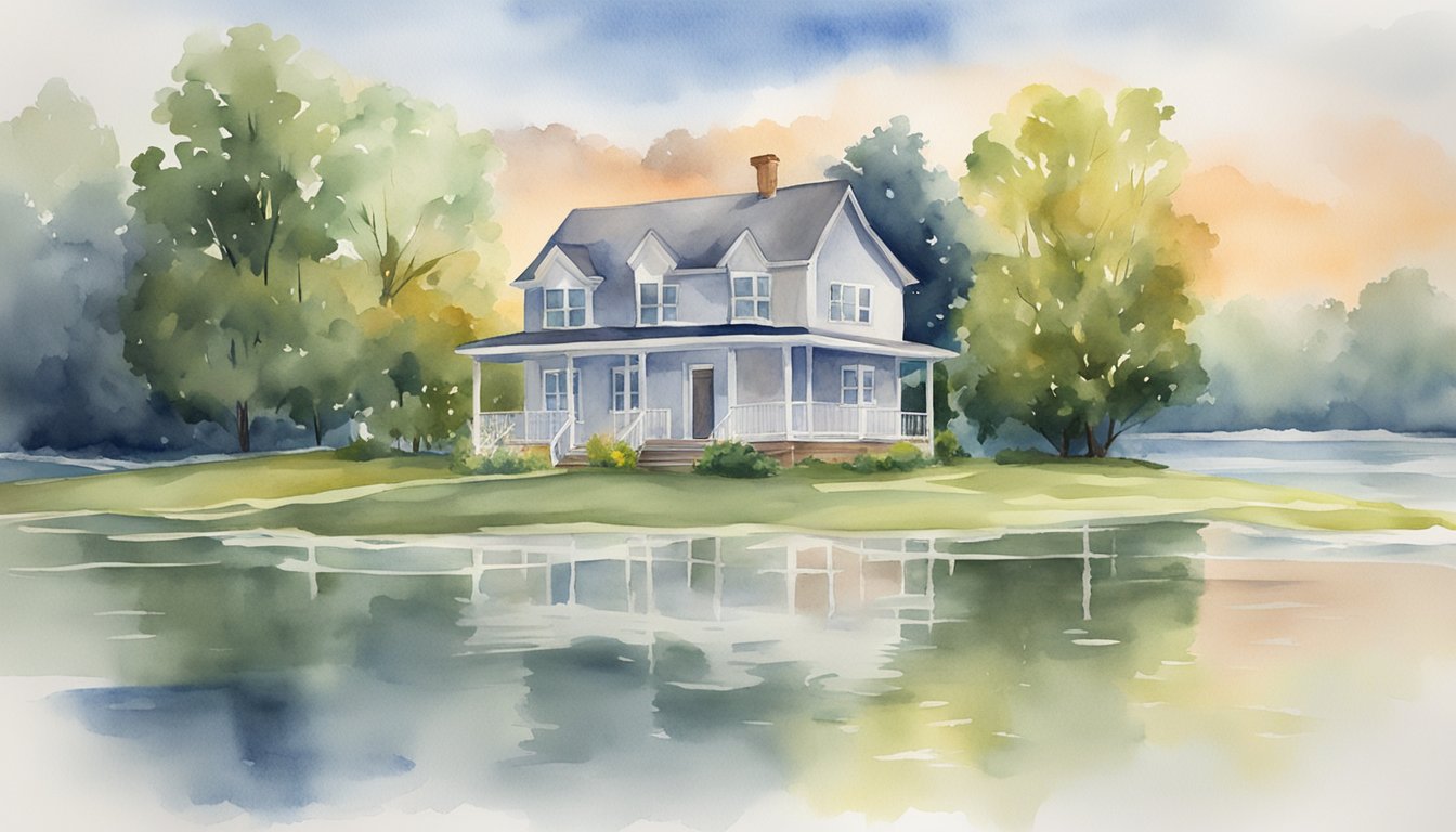 A house surrounded by rising floodwaters, with a "Frequently Asked Questions Flood Insurance" sign in the foreground