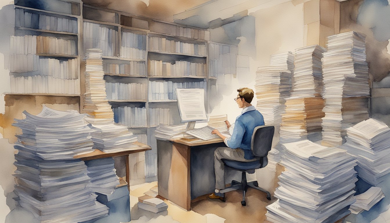 A person reading a document titled "Frequently Asked Questions Named Insured" with a puzzled expression, surrounded by stacks of papers and a computer