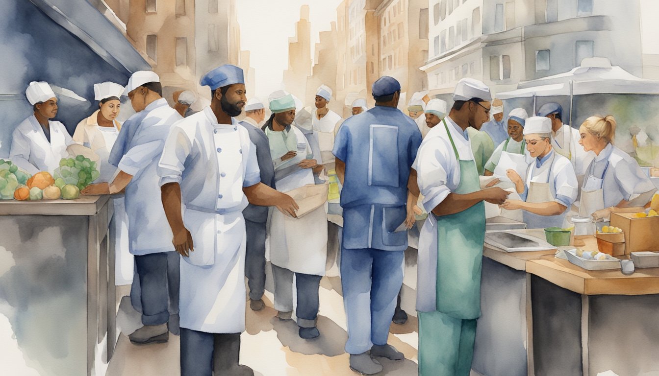 A group of diverse workers in various occupations, such as doctors, engineers, and chefs, working together in a bustling city