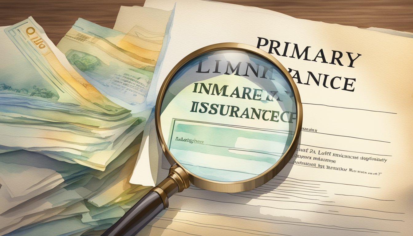 A stack of legal documents labeled "Primary Insurance" with a magnifying glass hovering over the title