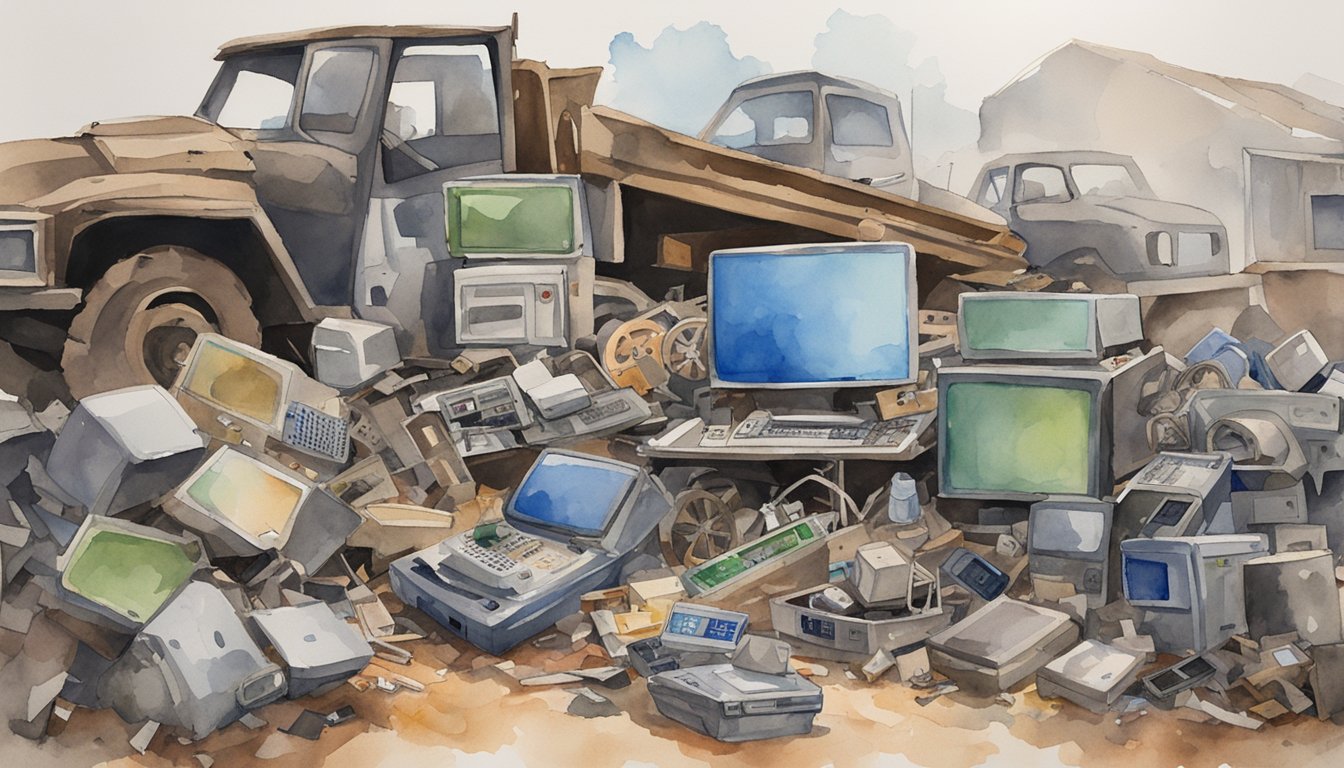 A pile of discarded items, including electronics and machinery, sits in a salvage yard.</p><p>A sign reading "Frequently Asked Questions Salvage Value" is prominently displayed