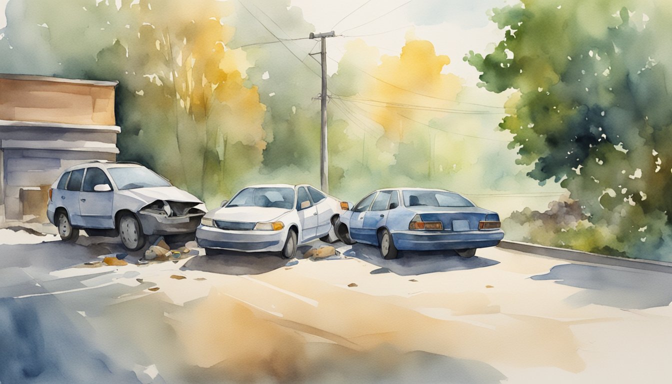 A car accident scene with two vehicles, one visibly damaged.</p><p>A driver speaks to an insurance agent about underinsured motorist coverage