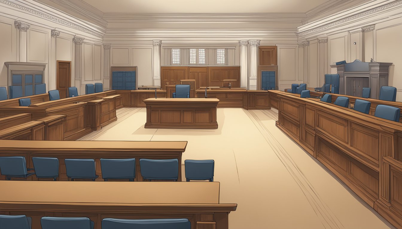 A courtroom with a judge's bench, lawyers' tables, and a witness stand.</p><p>A sign reading "Legal Aspects of Exclusion - Exclusions Definition" displayed prominently