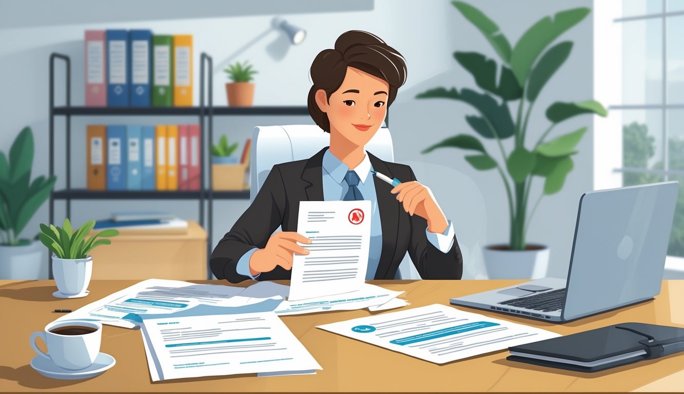 A person sitting at a desk reviewing insurance documents with a denied stamp visible, preparing to appeal a claim.