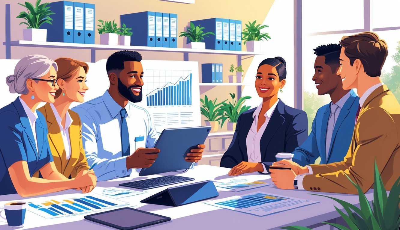 An insurance agent explains policies to a group of clients in a bright office, using a tablet to show charts while the clients listen attentively.
