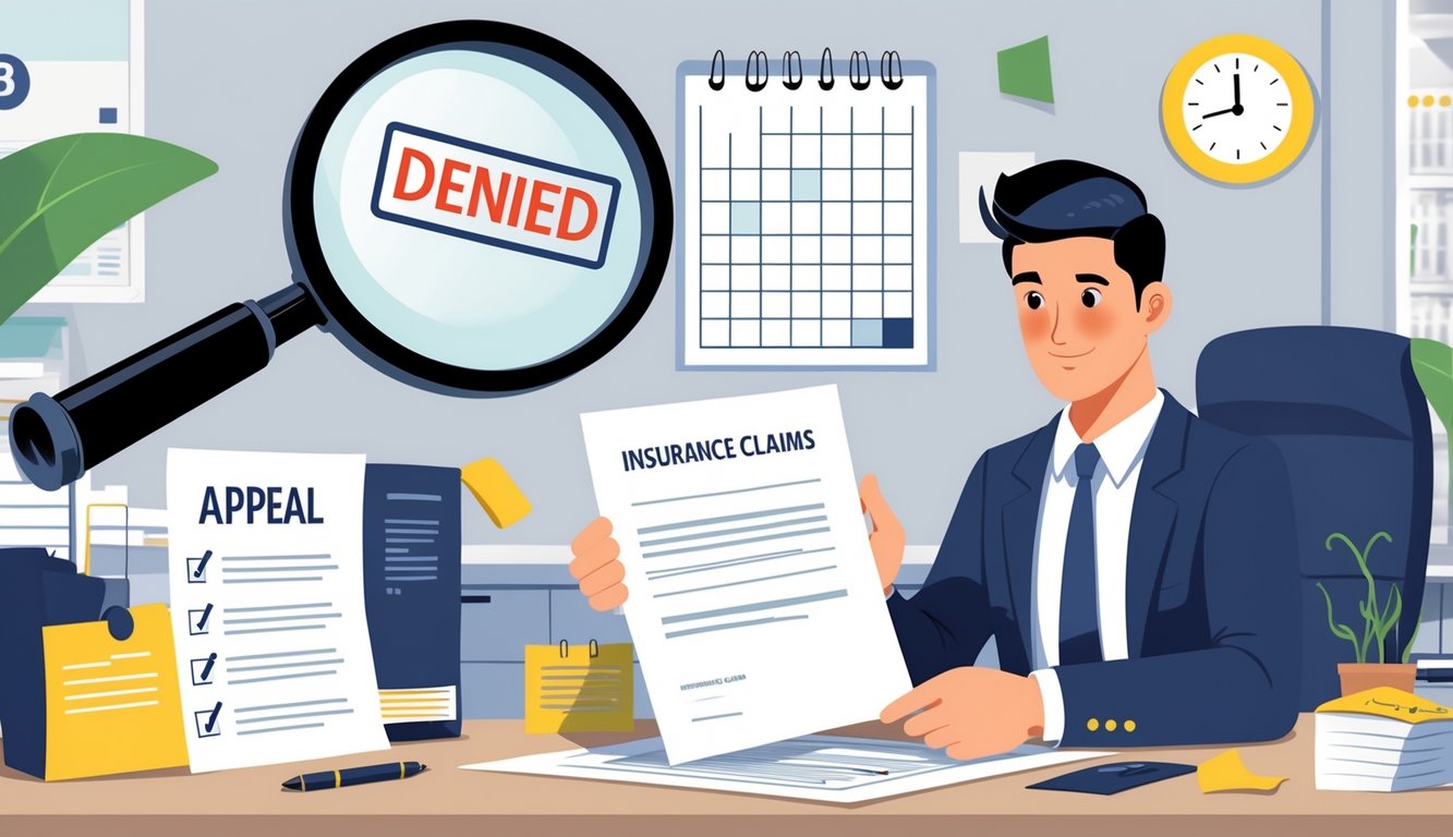 A person at a desk reviewing insurance claim documents with a magnifying glass highlighting a denied stamp and preparing an appeal letter in an office setting.
