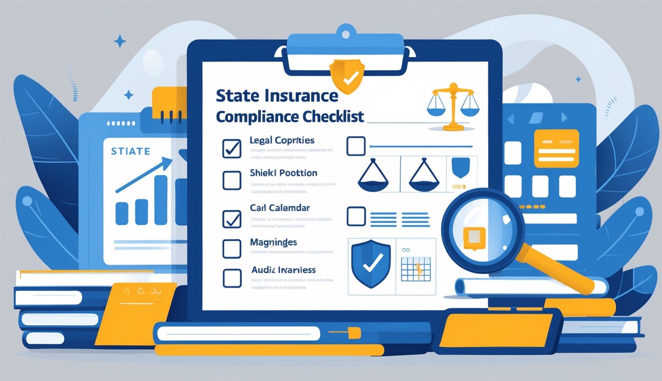 An illustration of a clipboard with checkboxes and icons representing insurance compliance elements, surrounded by office tools like folders and a laptop.