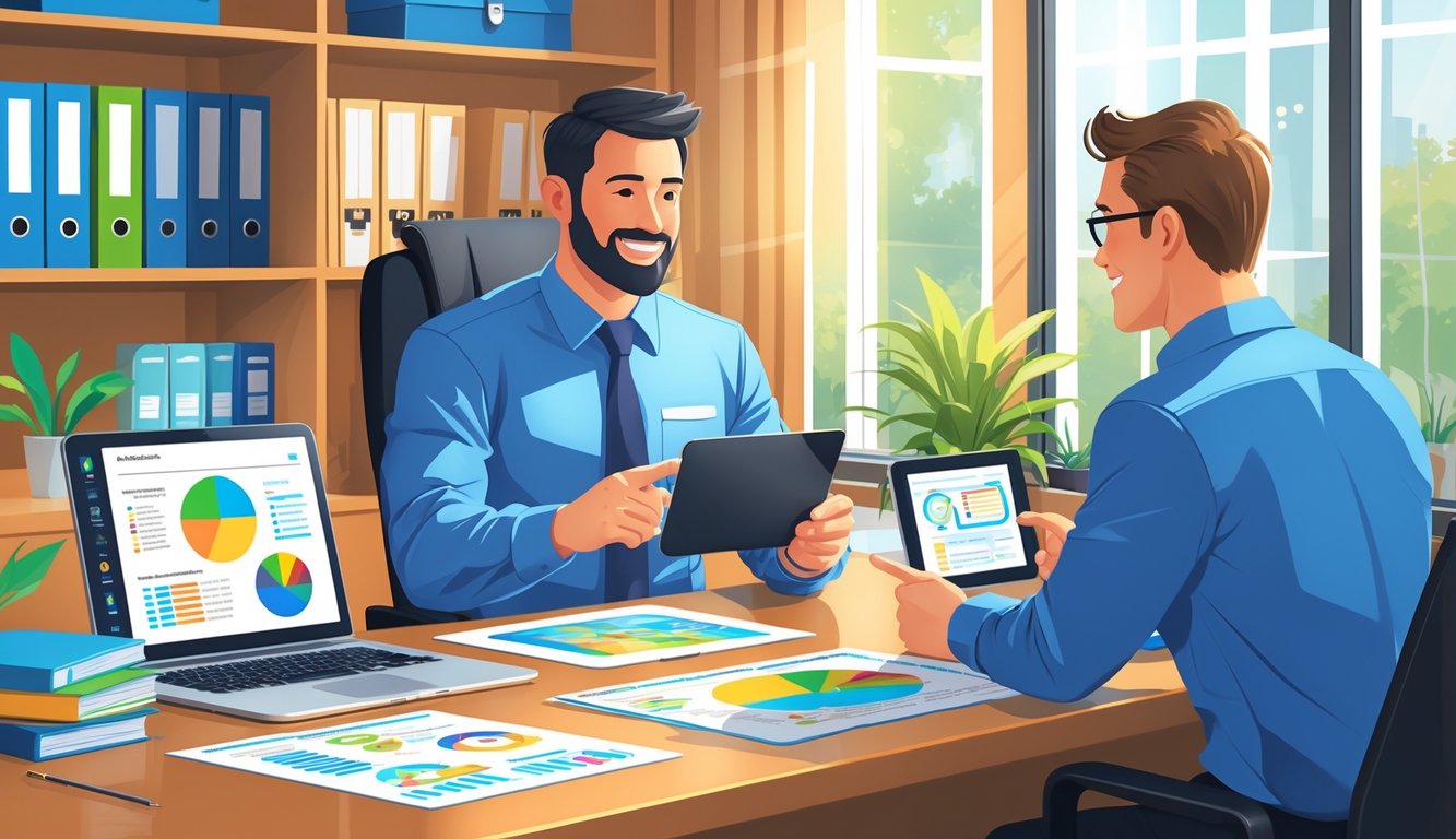 An insurance agent explains coverage options to a client using a tablet in an office, with charts and documents on the desk.