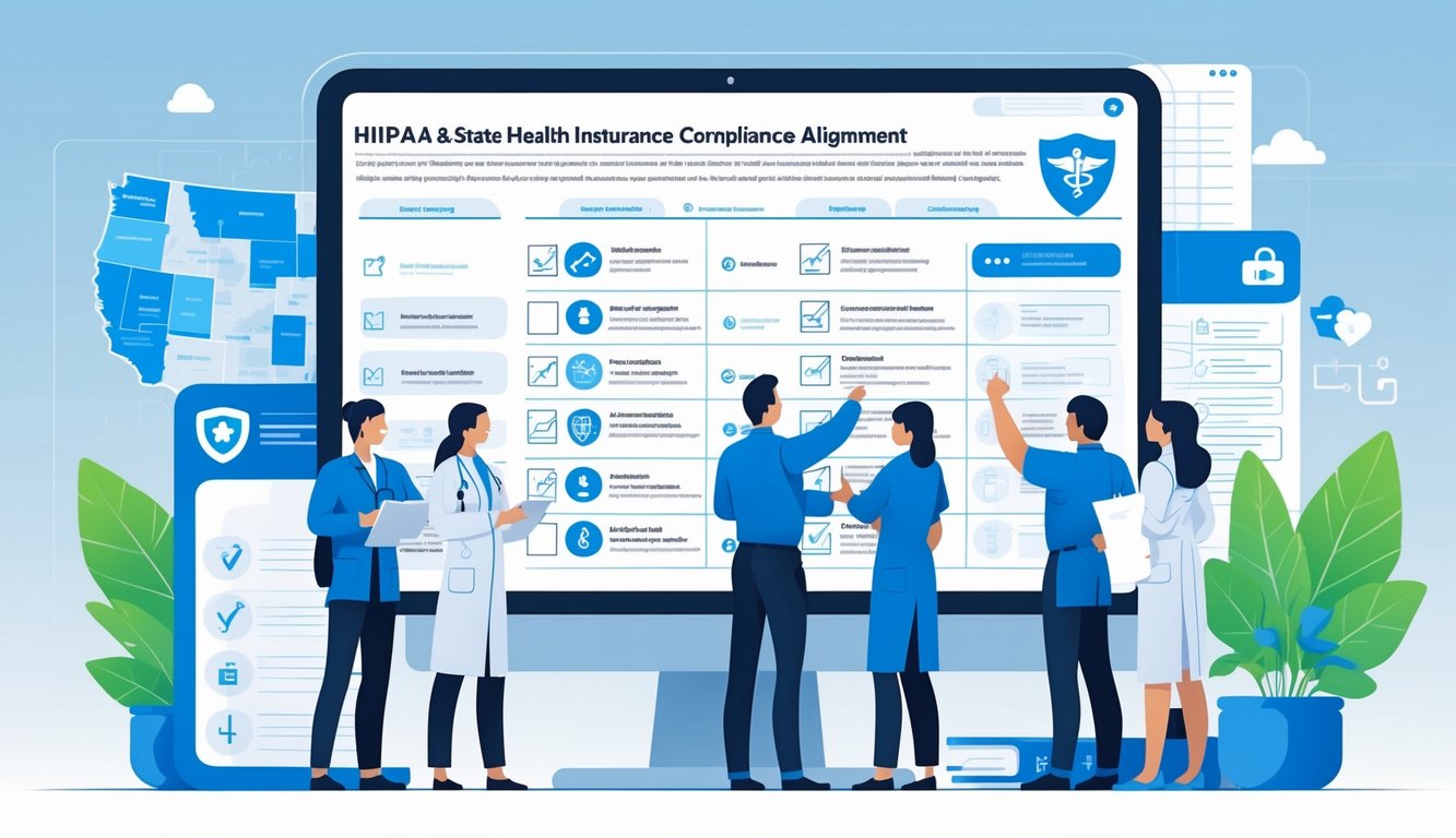 Healthcare professionals reviewing a large digital checklist together in an office, with icons representing security and healthcare around them.