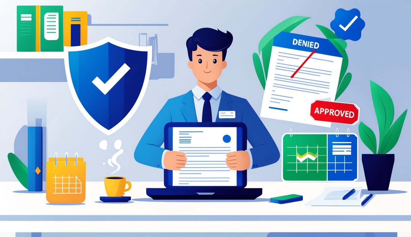 A person sitting at a desk reviewing documents and a laptop, surrounded by symbols representing insurance and appeal processes.