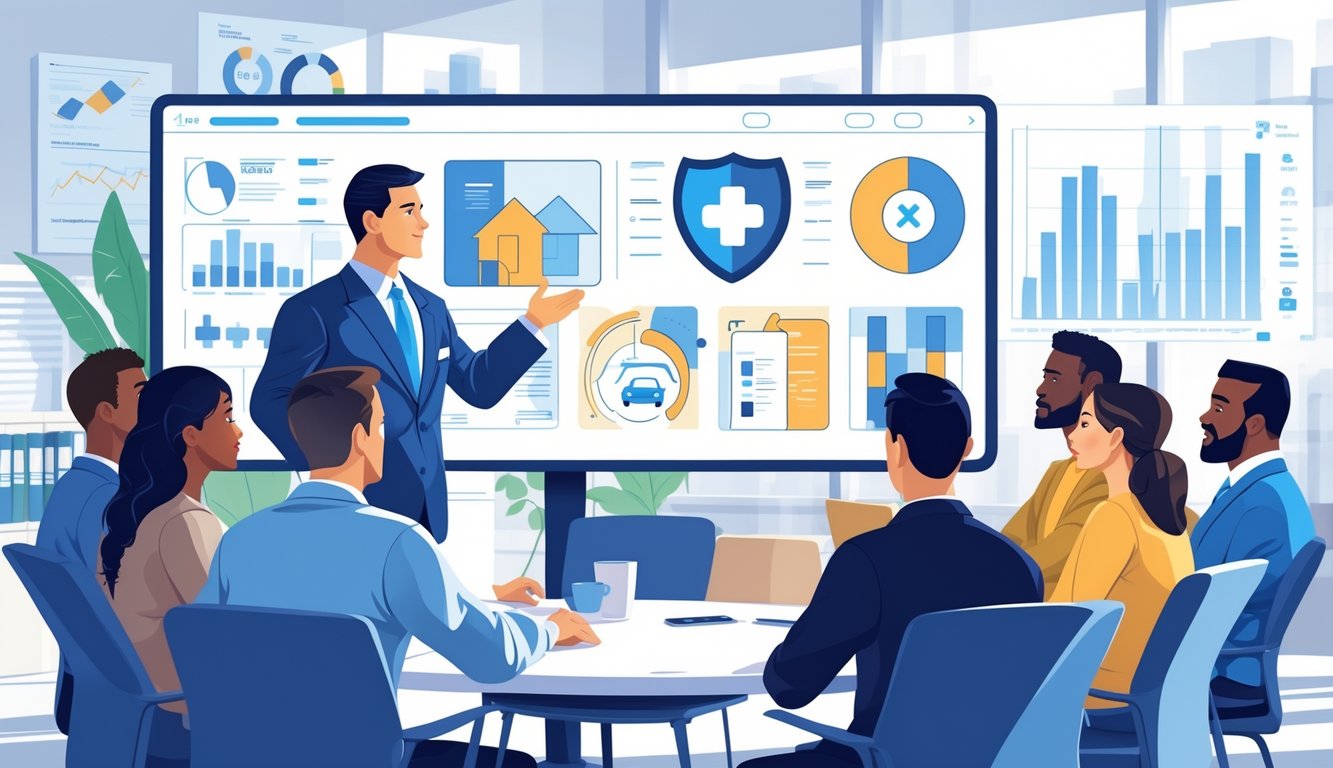 An insurance agent explains policies to a diverse group of clients seated around a conference table in a modern office.