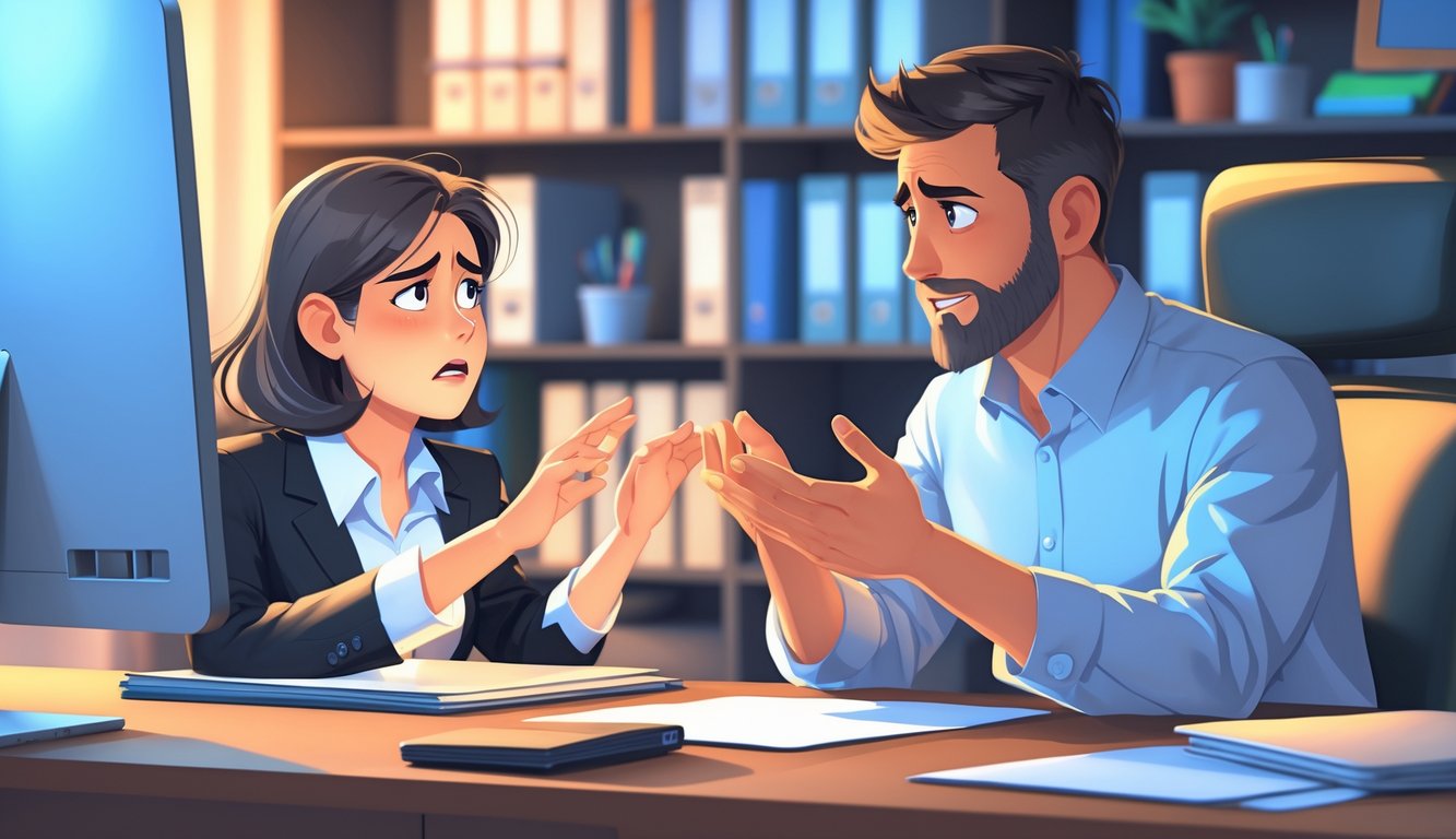 An insurance agent calmly listening to an upset client in an office, showing empathy and professionalism.
