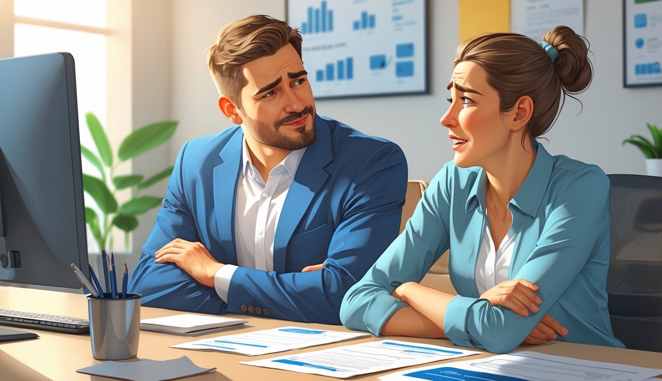 An insurance agent attentively listening to an upset client in an office, showing empathy and support during a conversation.