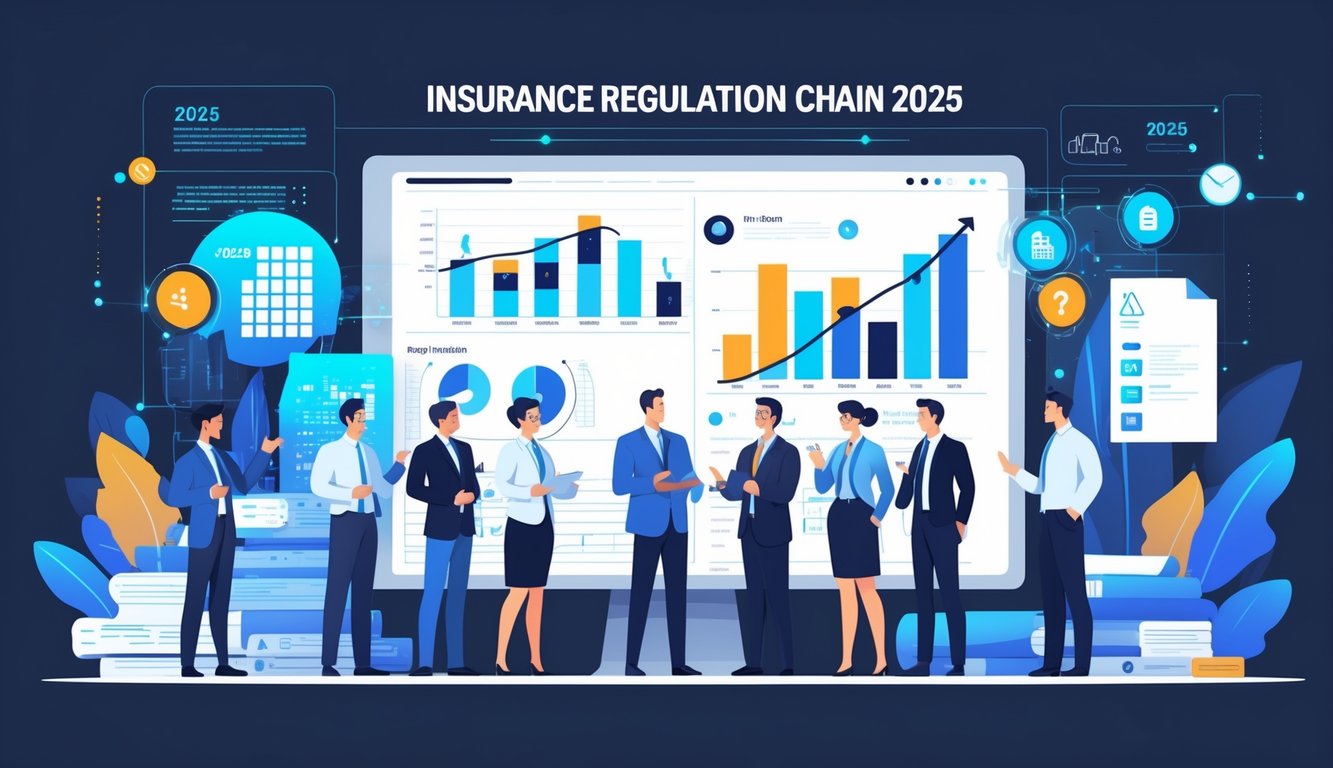 A group of professionals in an office discussing insurance policy changes with digital charts and futuristic data displays in the background.