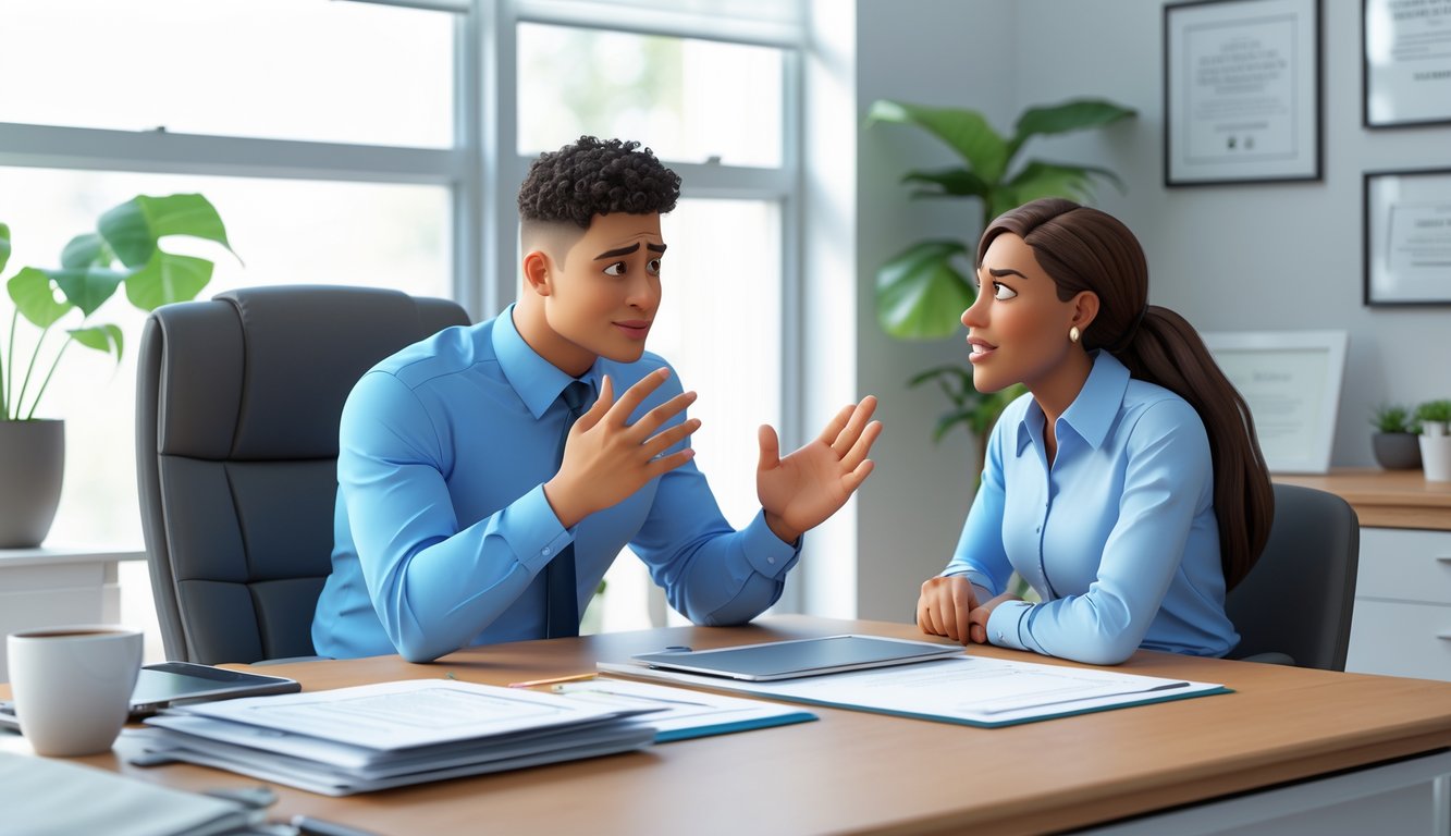 An insurance agent calmly listening and reassuring an upset client across a desk in a professional office.