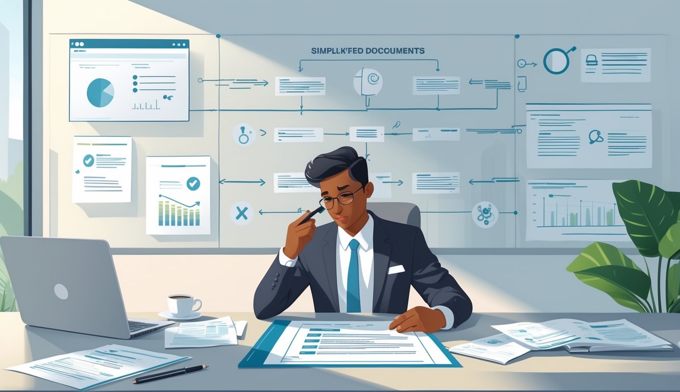 A person at a desk reviewing documents with charts and flowcharts on a board behind them in an office setting.