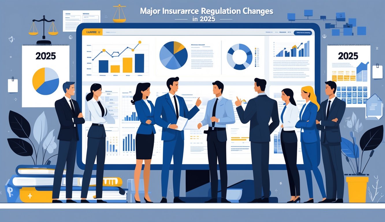 A group of business professionals discussing insurance regulation changes around a digital screen with charts and legal symbols in a modern office.