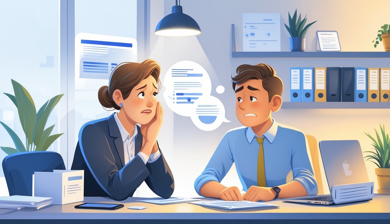 An insurance agent calmly listening to an upset client in an office setting, showing a supportive conversation.