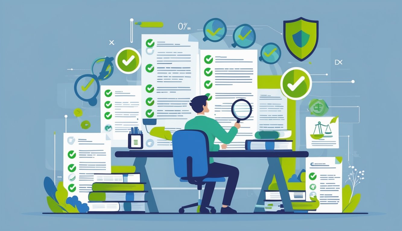 A person reviewing insurance documents at a desk surrounded by symbols of checklists, legal scales, magnifying glass, and a shield representing clarity and compliance.