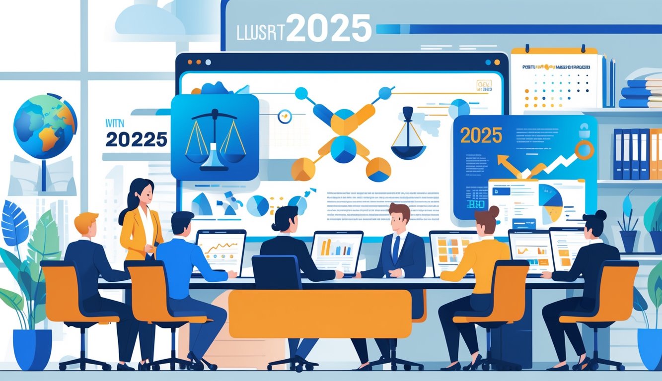 A group of professionals discussing insurance and regulation updates around a conference table with charts and digital devices in a modern office.