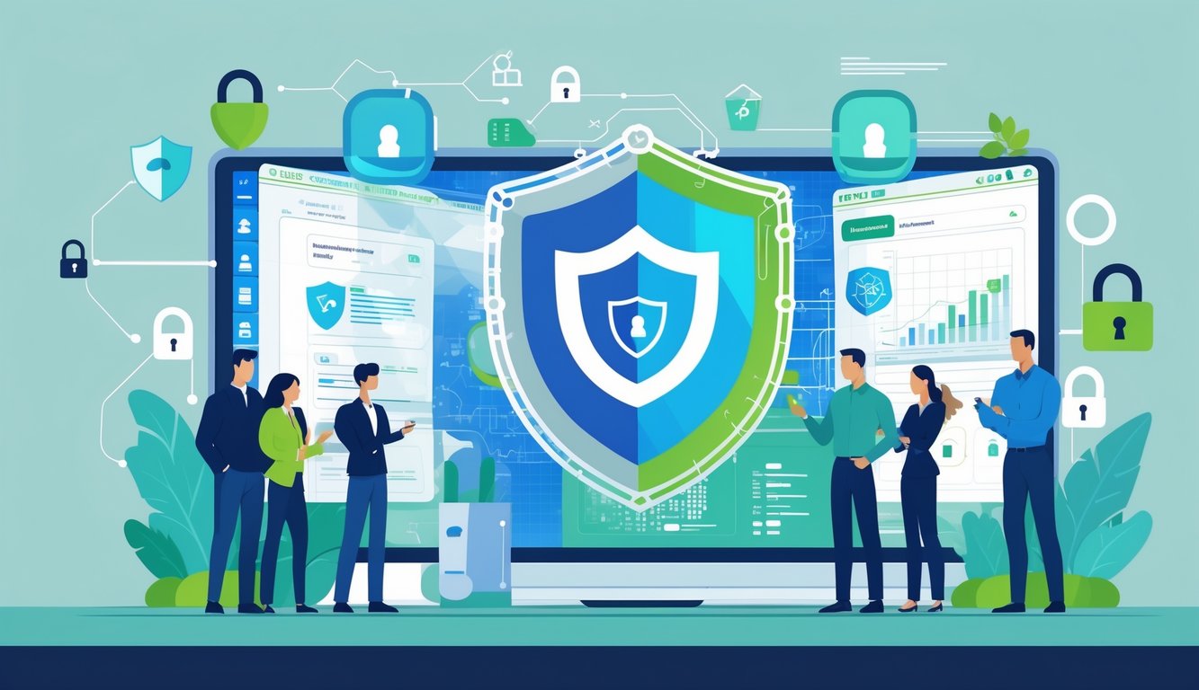 A scene showing a shield protecting interconnected data nodes and insurance symbols with professionals working together around digital screens to secure data.