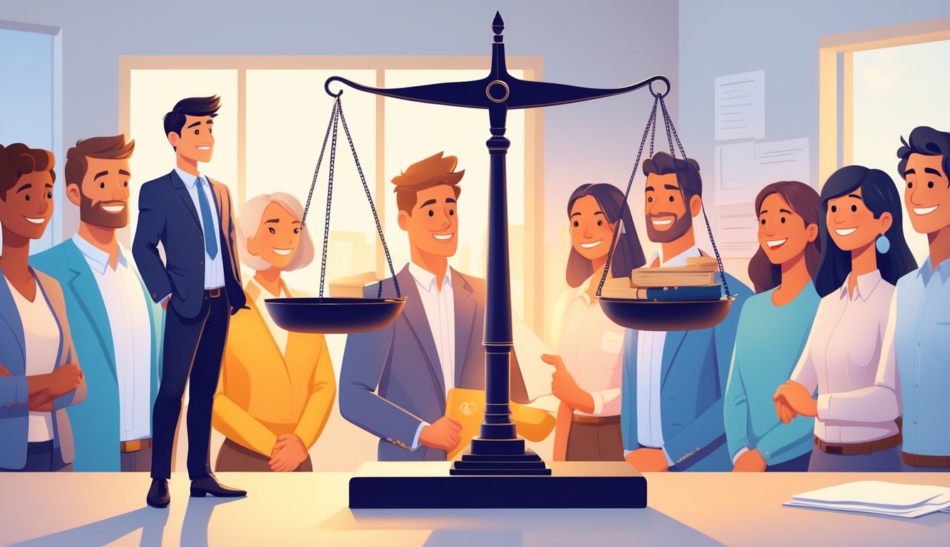A businessperson balancing a scale with a group of smiling customers on the other side, symbolizing trust and insurance sales.