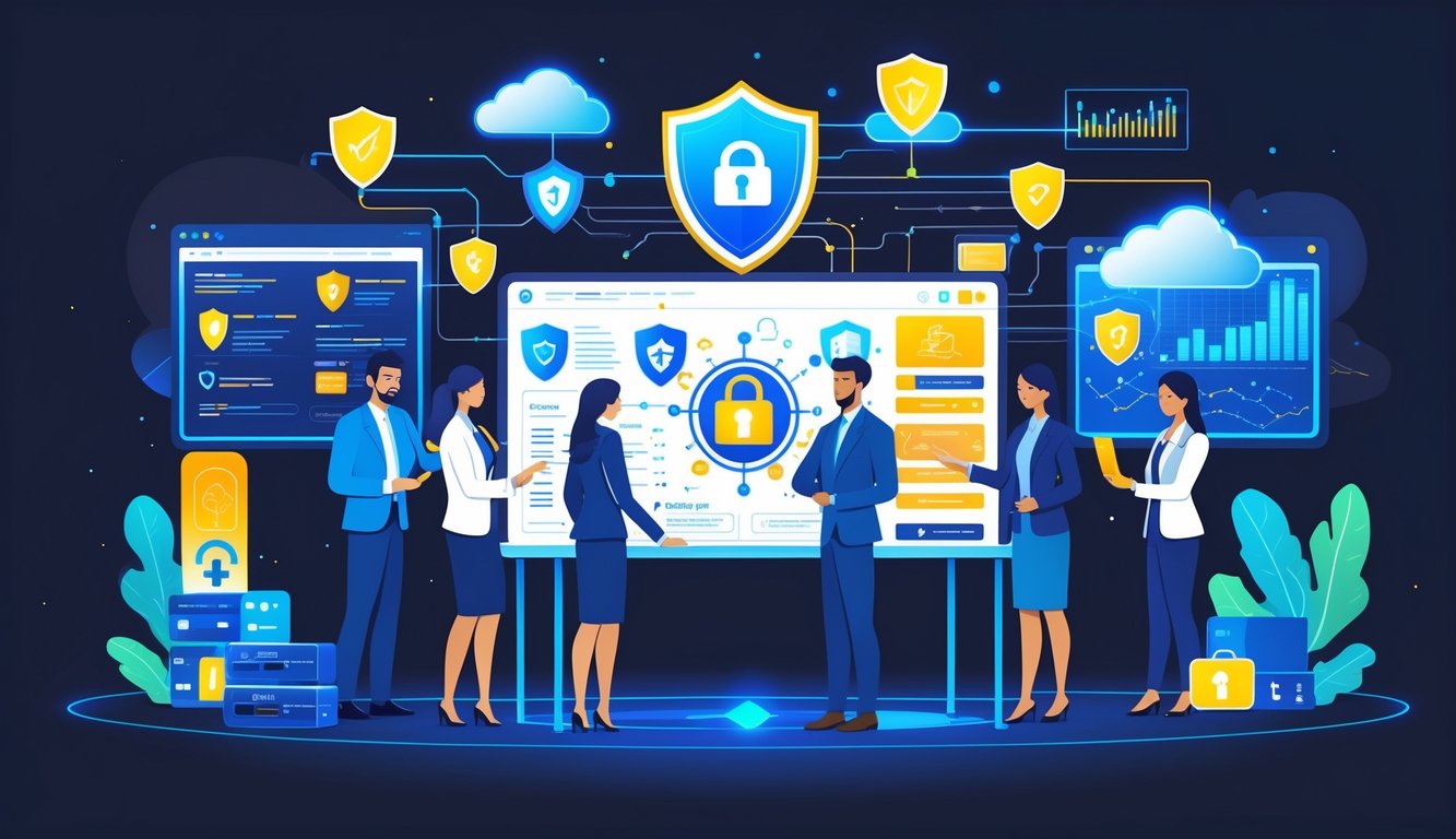 Insurance professionals collaborating around a digital table displaying cybersecurity visuals like locks and shields, surrounded by symbols of data protection in a modern office.