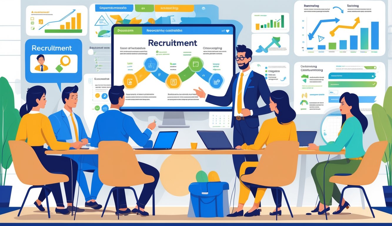 A group of people in a modern office engaged in a recruitment meeting with a recruiter presenting a flowchart outlining recruitment steps on a digital screen.