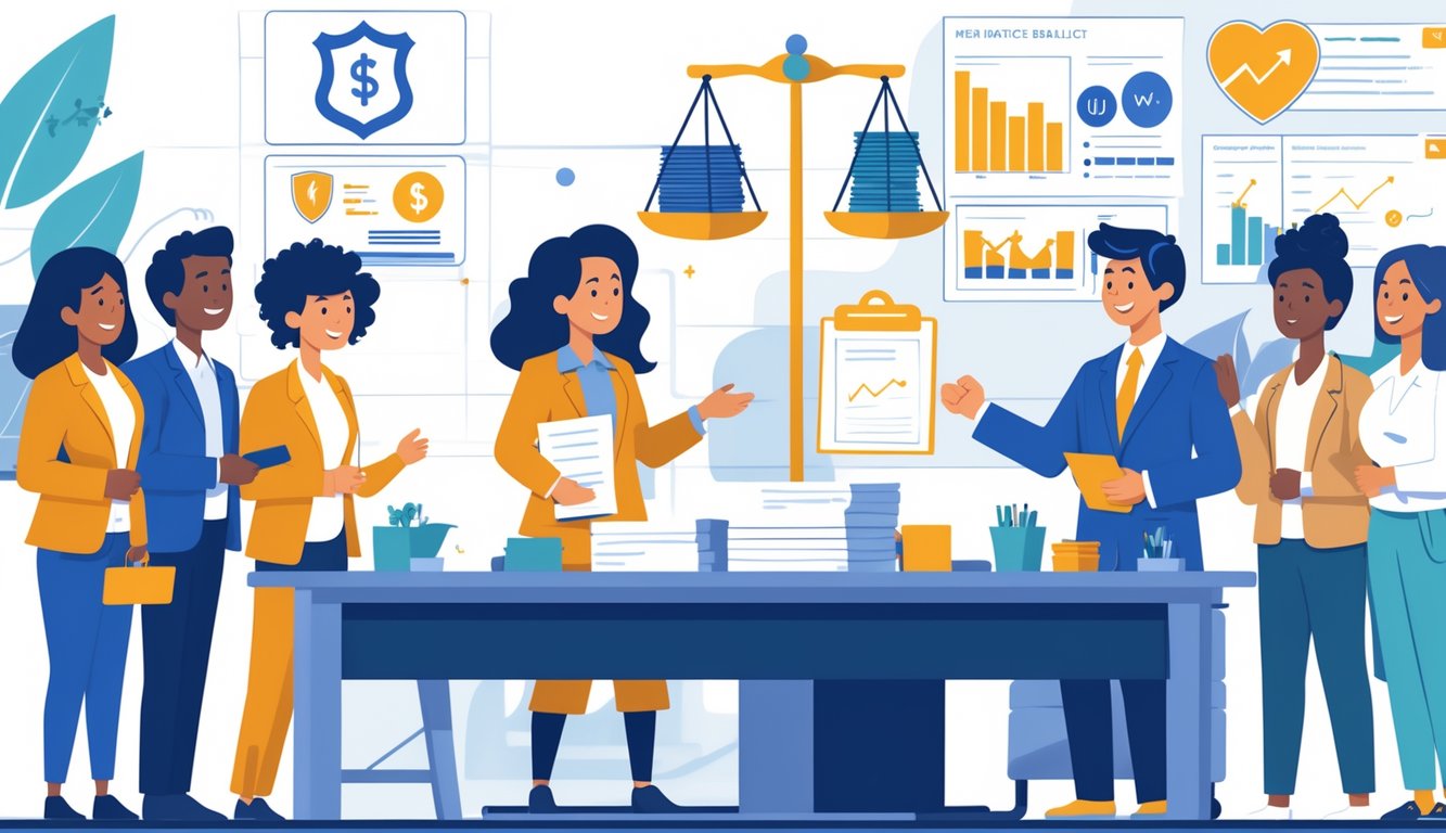 An insurance agent talking with a group of diverse customers at a desk, with a balanced scale showing paperwork on one side and a heart on the other, symbolizing the balance between sales and trust.