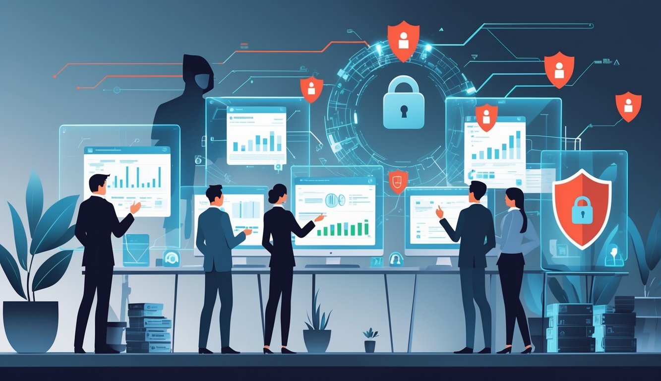 Insurance professionals analyzing digital data with holographic screens while cybersecurity shields block cyber threats in an office setting.