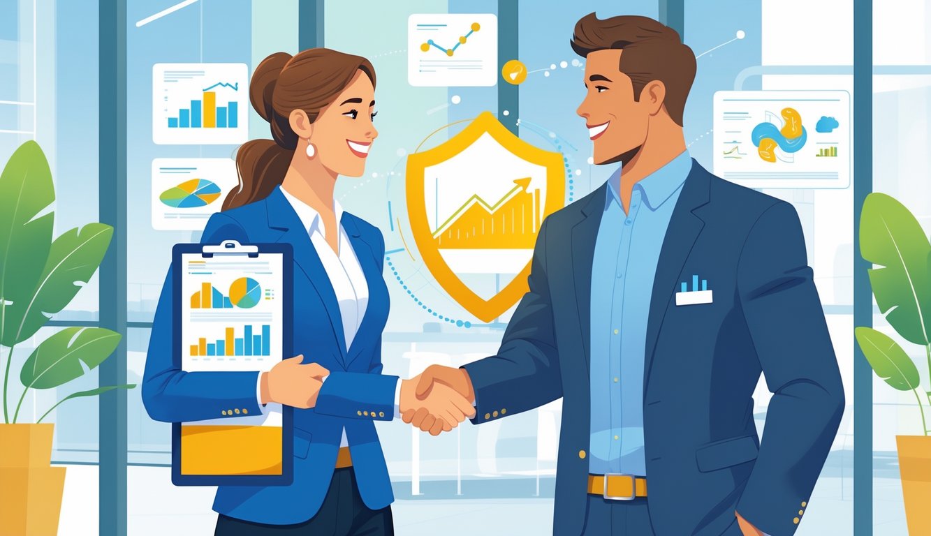 An insurance agent shaking hands with a client in an office, surrounded by symbols of trust and sales growth.