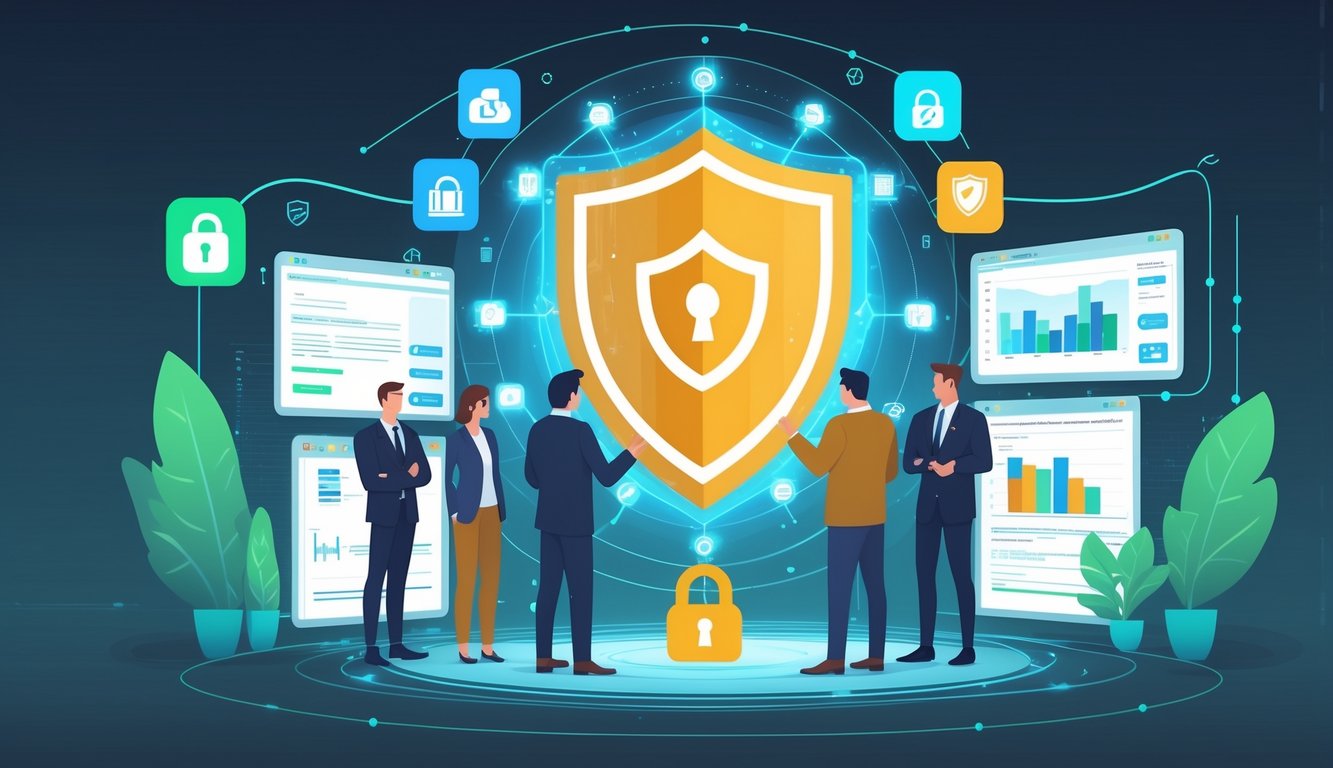 A group of professionals monitoring digital screens with security icons and insurance symbols, representing prevention of data breaches in insurance.