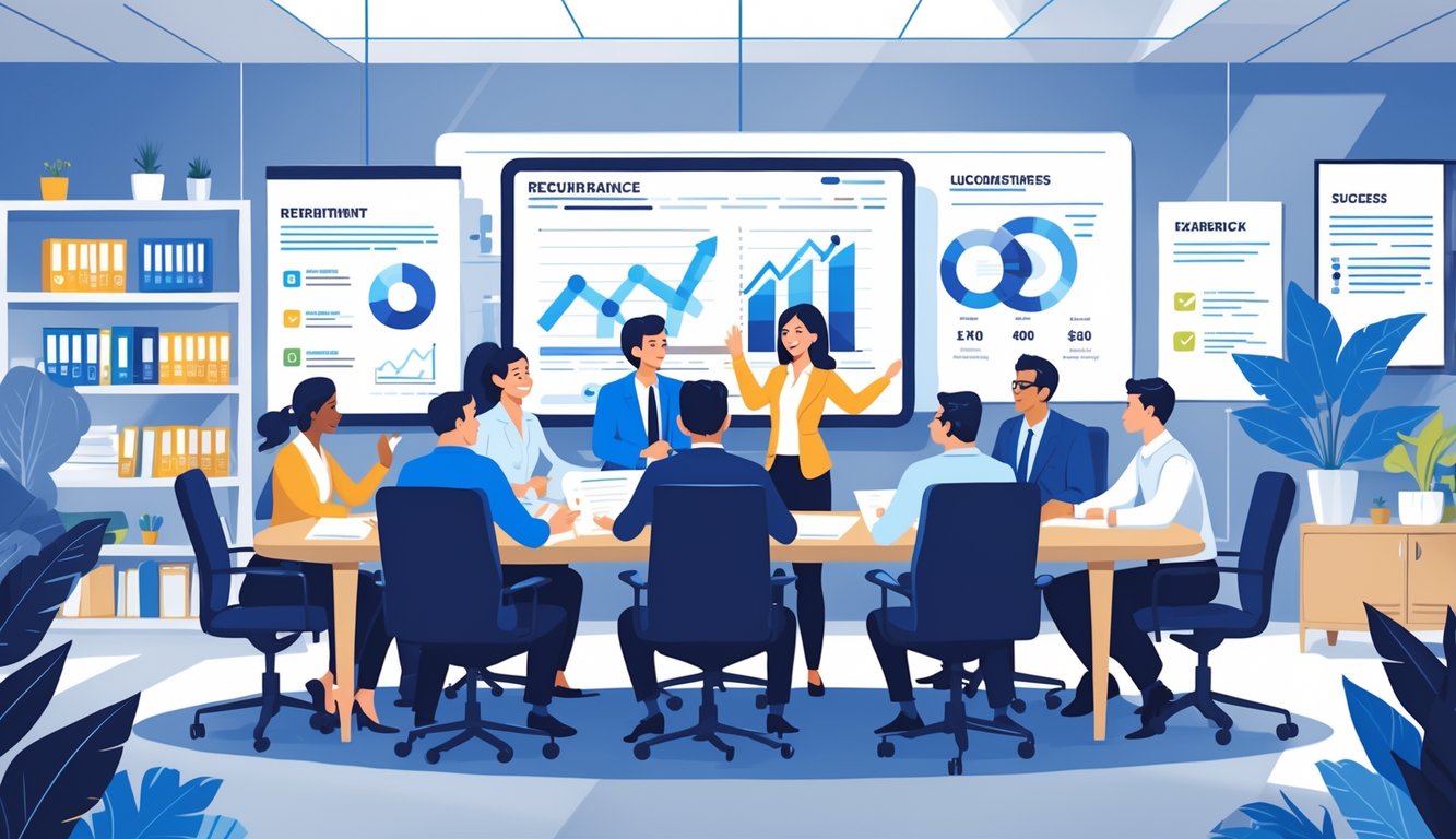 A group of business professionals in an office meeting, discussing recruitment strategies around a conference table with charts and notes.