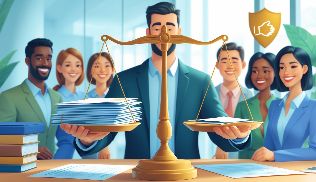 A balanced scale with insurance documents on one side and happy customers on the other, with an insurance agent talking to customers in an office.