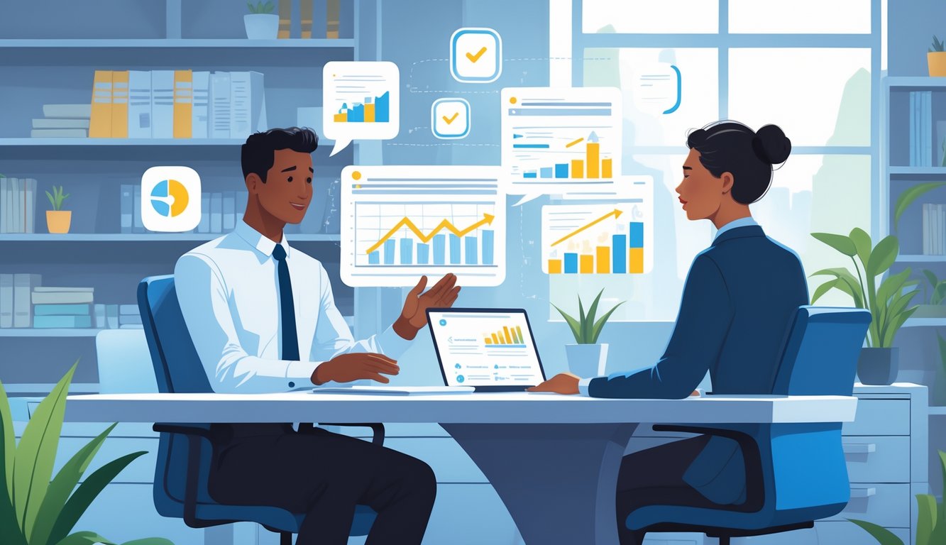 An insurance underwriter explains decisions to a client in a modern office, with charts and icons representing risk assessment visible.