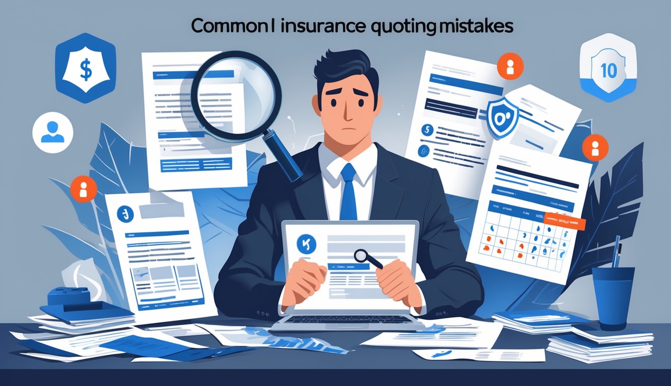 A person at a desk surrounded by papers and a laptop, looking confused while reviewing insurance documents with warning icons around.