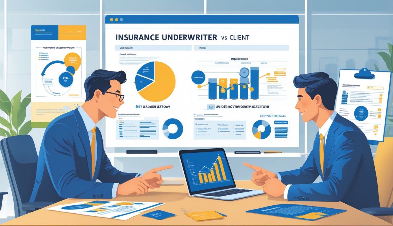 An underwriter explains underwriting decisions to a client using charts and documents in a professional office setting.