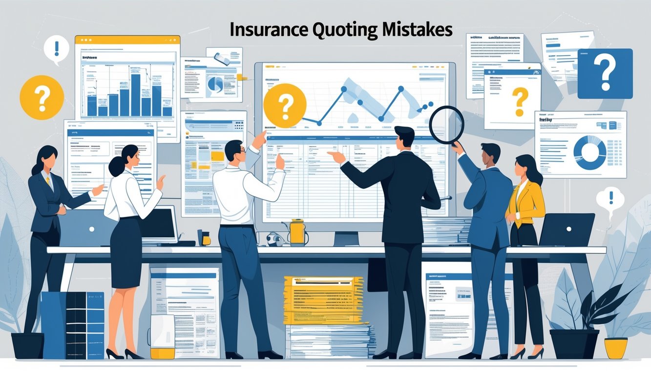 A group of professionals in an office reviewing insurance documents and data, showing concern and collaboration around common quoting mistakes.