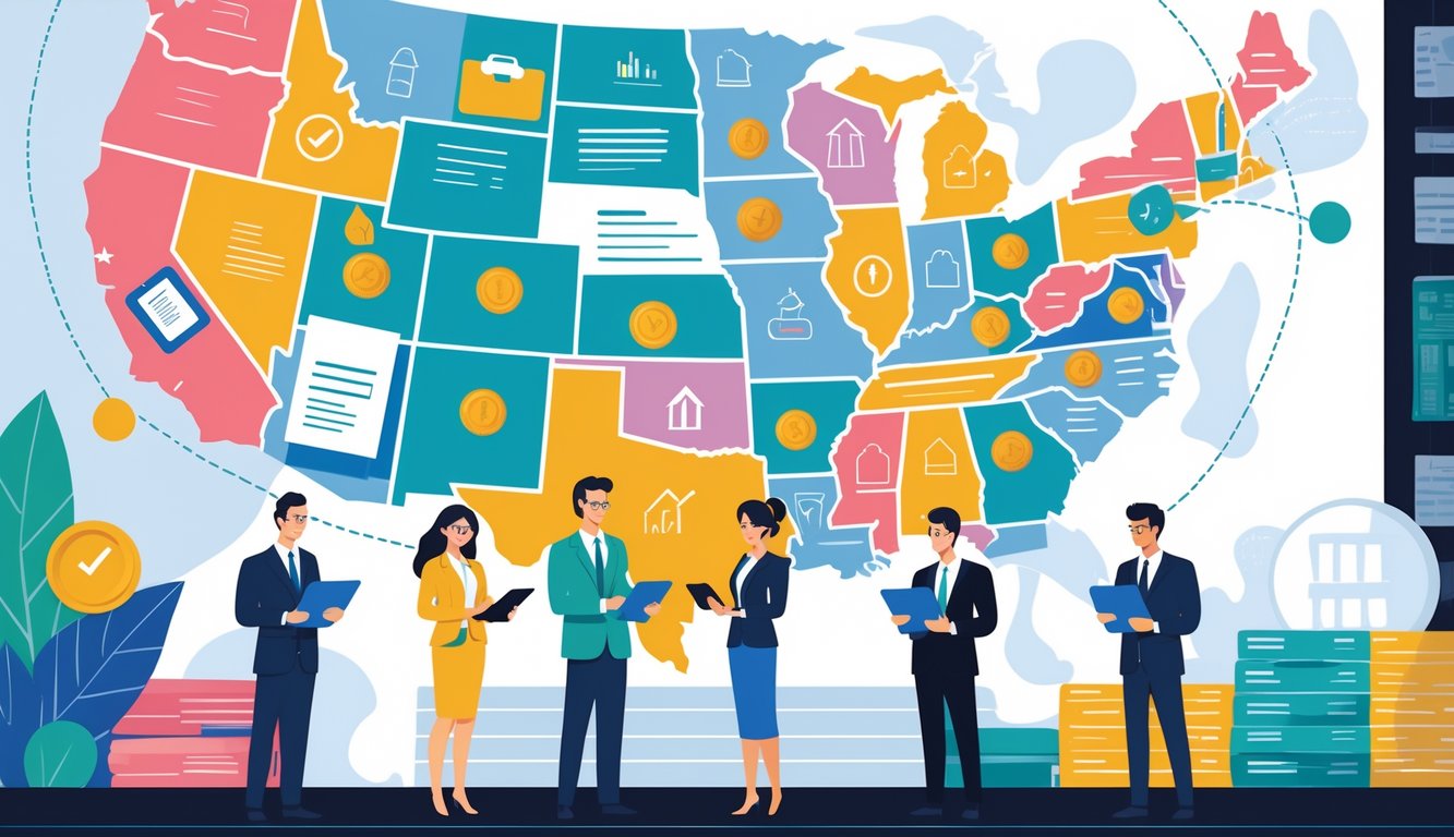 A map of the United States with highlighted states connected by lines, surrounded by insurance professionals reviewing documents and tablets.