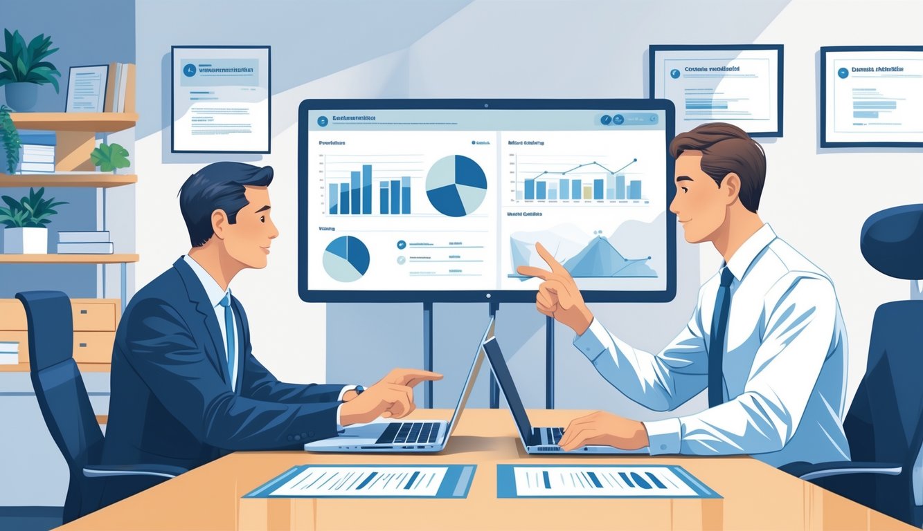 An insurance underwriter and a client discussing underwriting outcomes in a modern office, with charts on a screen and attentive expressions.