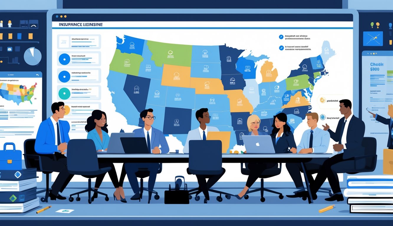A group of insurance professionals discussing licensing requirements around a table with a digital map of the United States showing different states highlighted.