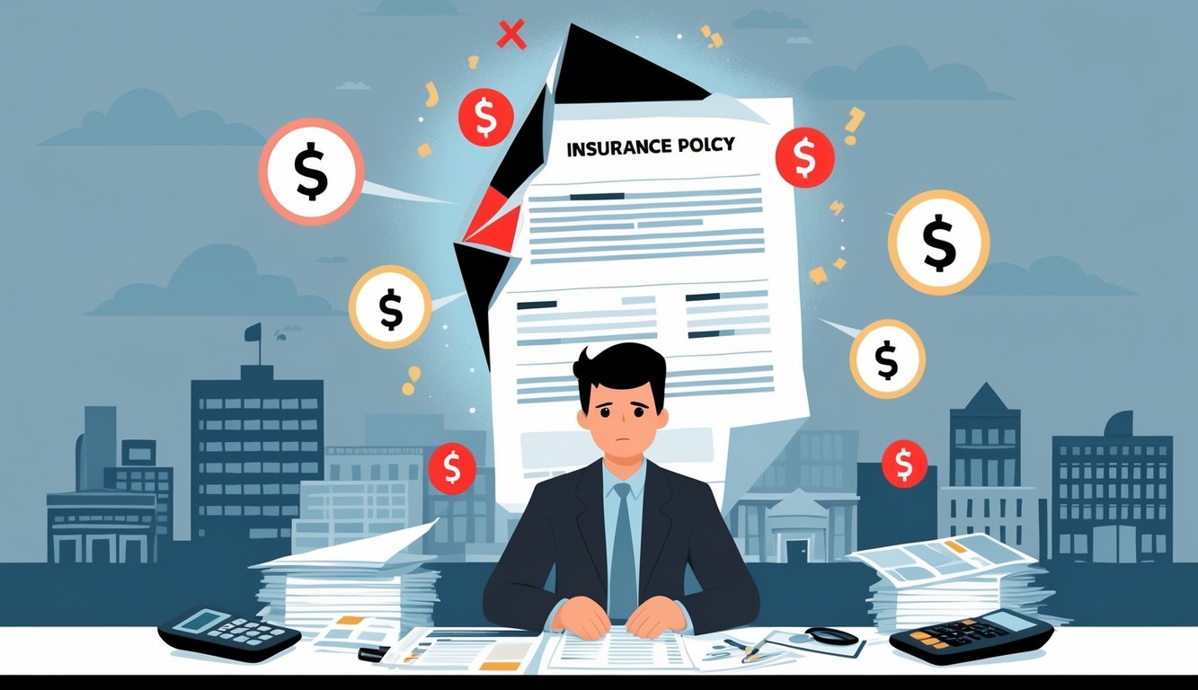 A person at a desk looking worried, surrounded by insurance documents and a calculator, with visual symbols of errors and financial loss floating around.