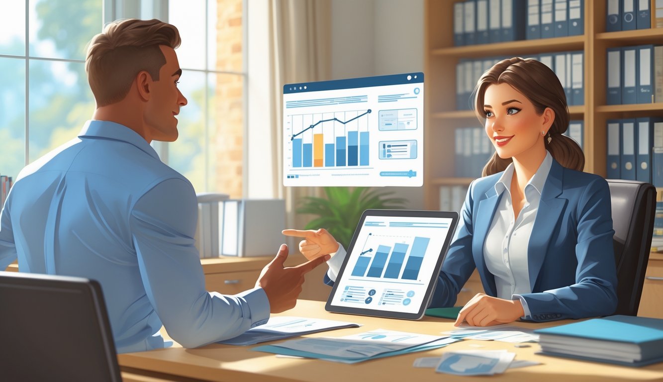 An insurance underwriter explaining decisions to a client using charts on a tablet in a professional office setting.