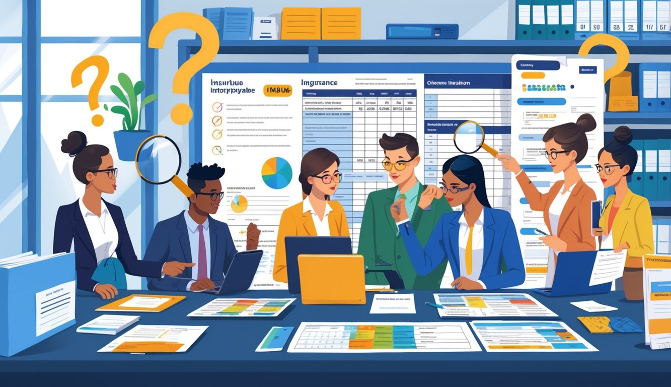 A group of people in an office reviewing insurance documents and charts, discussing common mistakes in insurance quoting.
