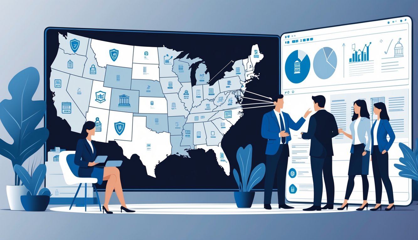A group of professionals discussing a digital map of the United States showing state borders and connections, with icons representing legal and insurance concepts.