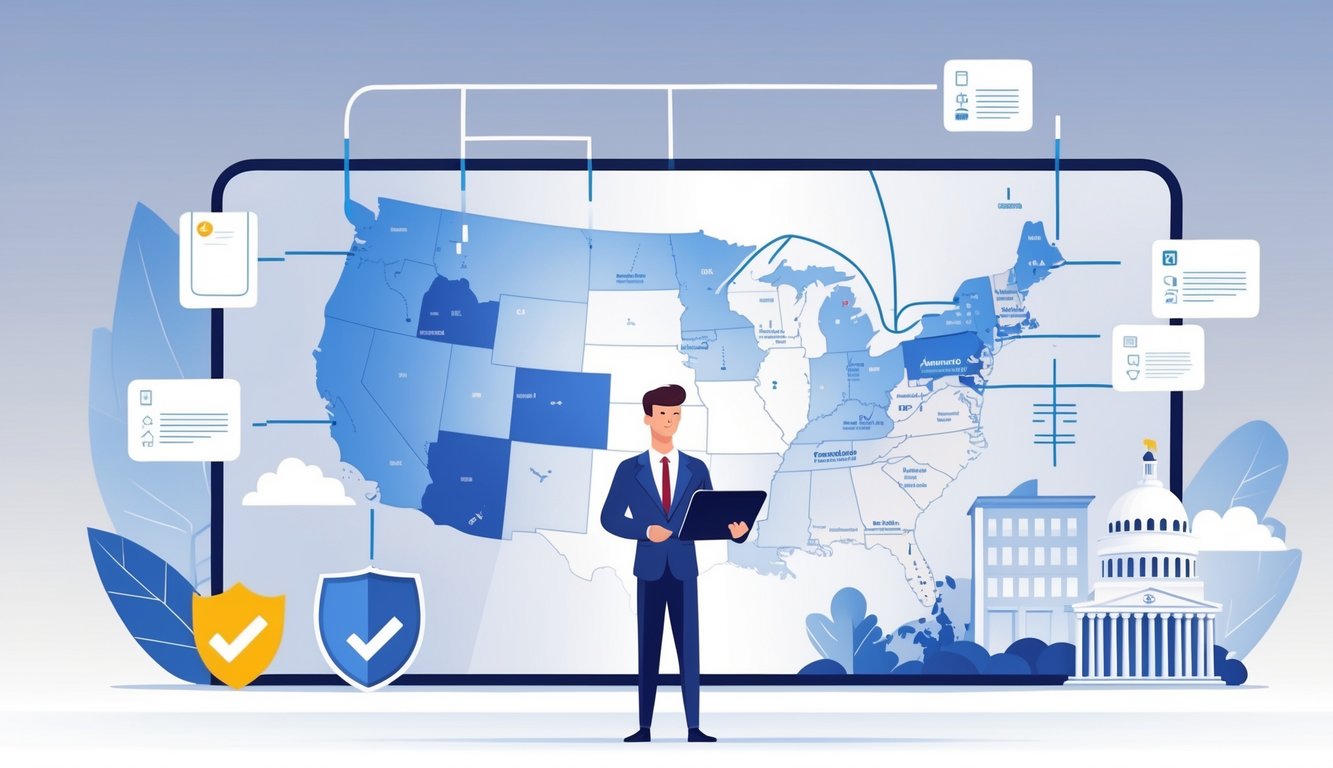 An insurance agent standing before a map of the United States with highlighted state borders connected by lines, holding a clipboard, surrounded by icons representing insurance and regulations.